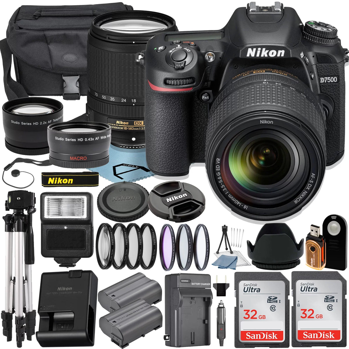 D7500 DSLR Camera with 18-140mm Lens + 2pcs SanDisk 32GB Memory Card + Case + Tripod + UV Filter + A-Cell Accessory Bundle