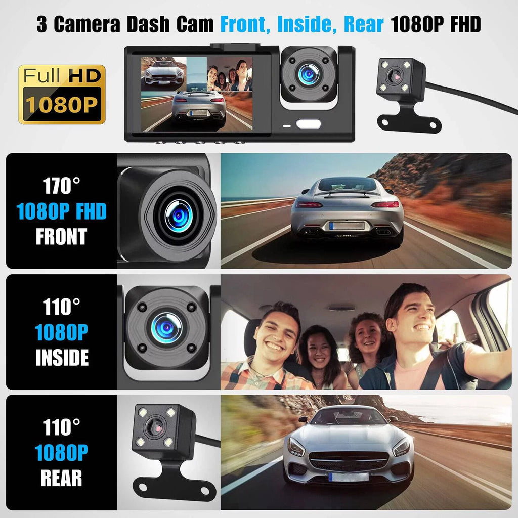 HD 1080P Car Dual Lens Dash Cam Front/Rear/Inside Video Recorder Camera G-sensor