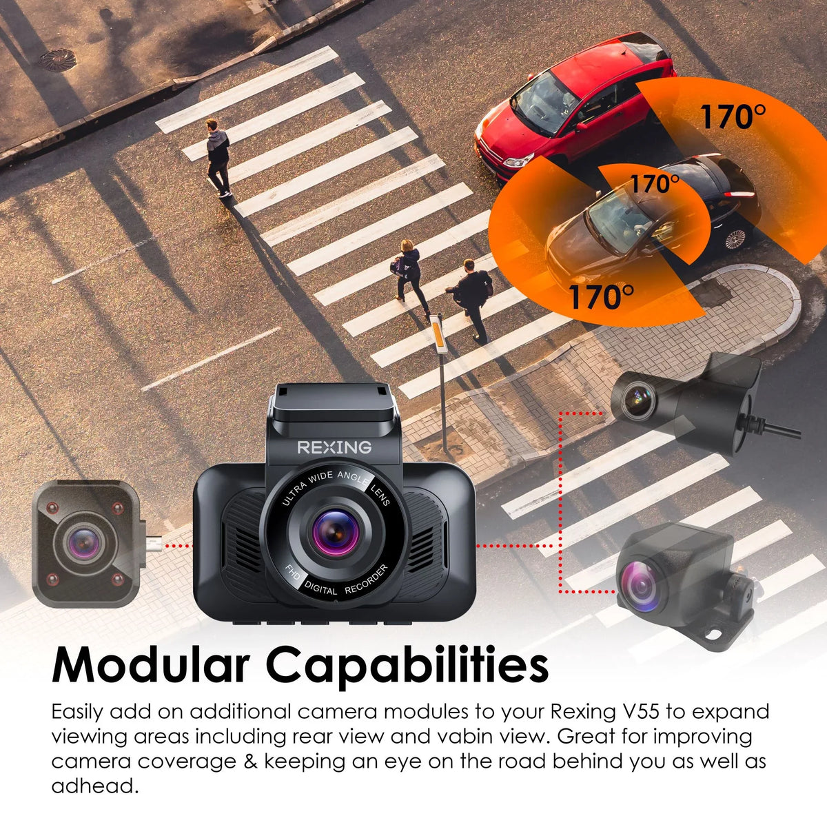 Rexing V55 Dash Cam with 4K Modular Capabilities, 5.0 GHz Wi-Fi, and GPS Car Dash Camera Recorder